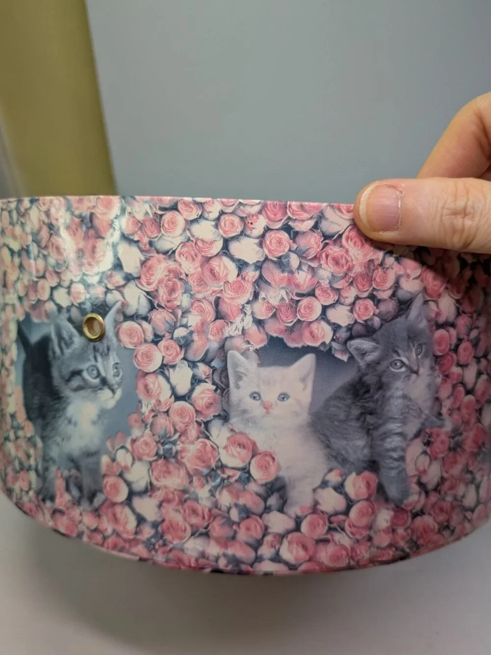 Vintage Large Round Kitten & Pink Roses Cardboard Hat Box Storage 12